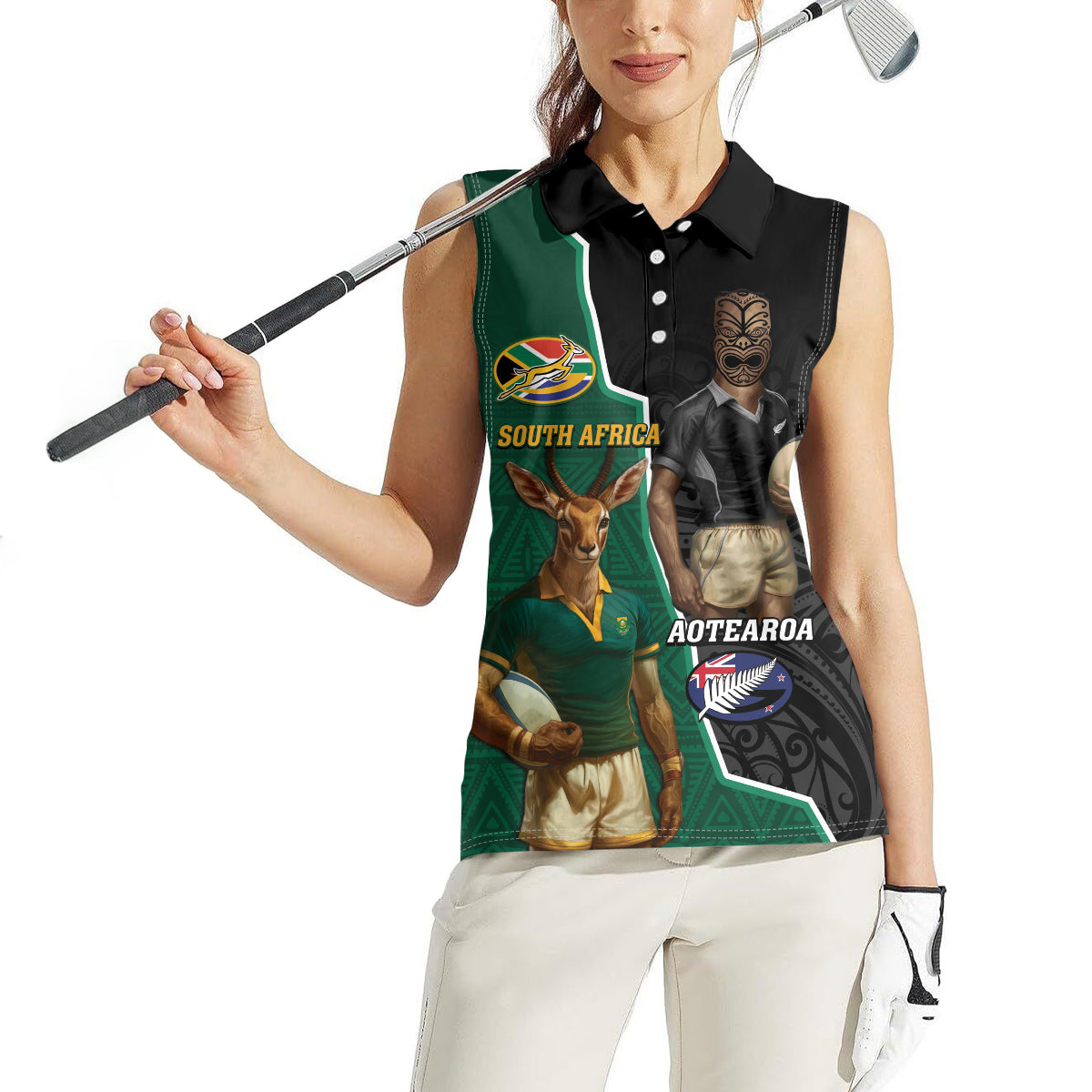 Personalised New Zealand And South Africa Rugby Women Sleeveless Polo Shirt 2024 All Black Springboks Mascots Together LT14 - Polynesian Pride