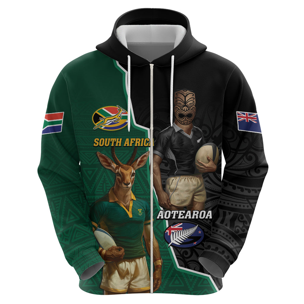 Personalised New Zealand And South Africa Rugby Zip Hoodie 2024 All Black Springboks Mascots Together LT14 - Polynesian Pride