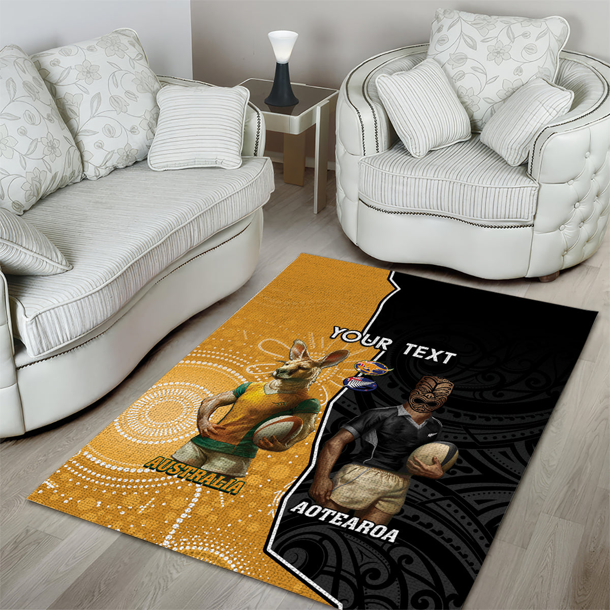 Personalised New Zealand And Australia Rugby Area Rug 2024 All Black Wallabies Mascots Together LT14 - Polynesian Pride