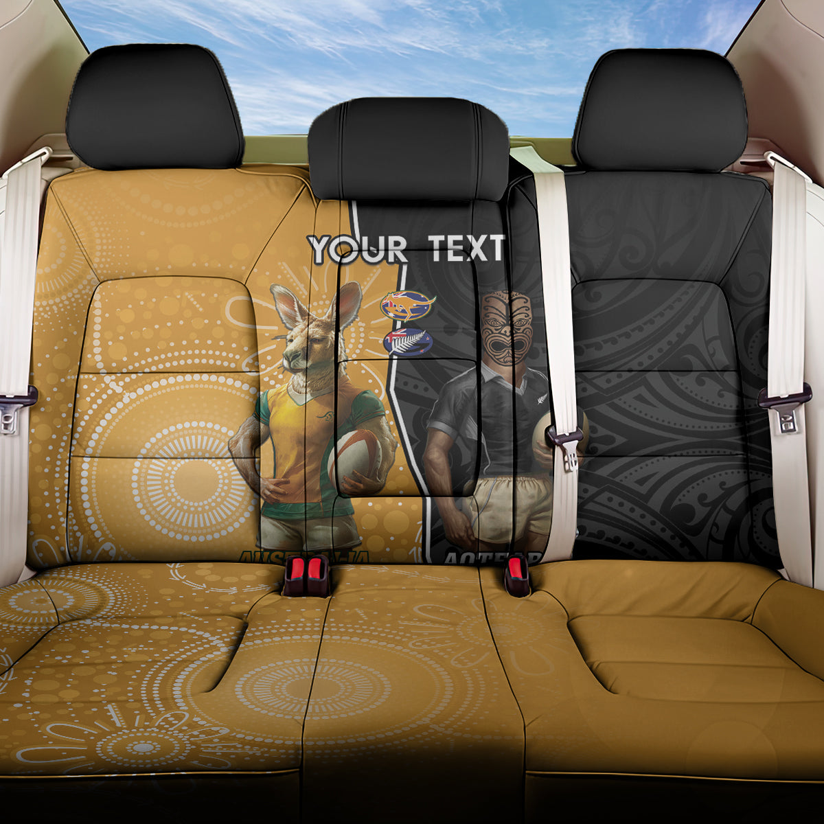 Personalised New Zealand And Australia Rugby Back Car Seat Cover 2024 All Black Wallabies Mascots Together LT14 One Size Black - Polynesian Pride