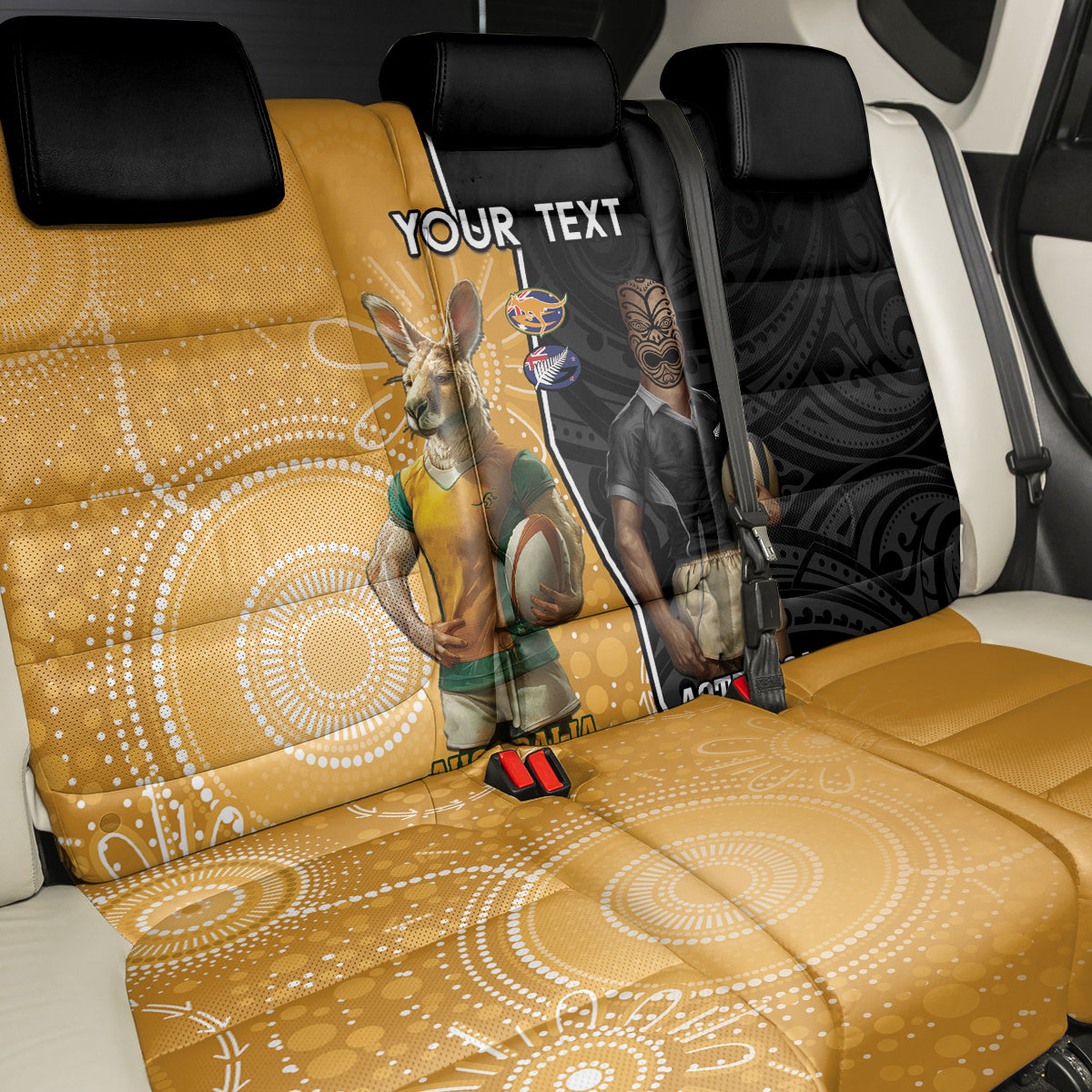 Personalised New Zealand And Australia Rugby Back Car Seat Cover 2024 All Black Wallabies Mascots Together LT14 - Polynesian Pride