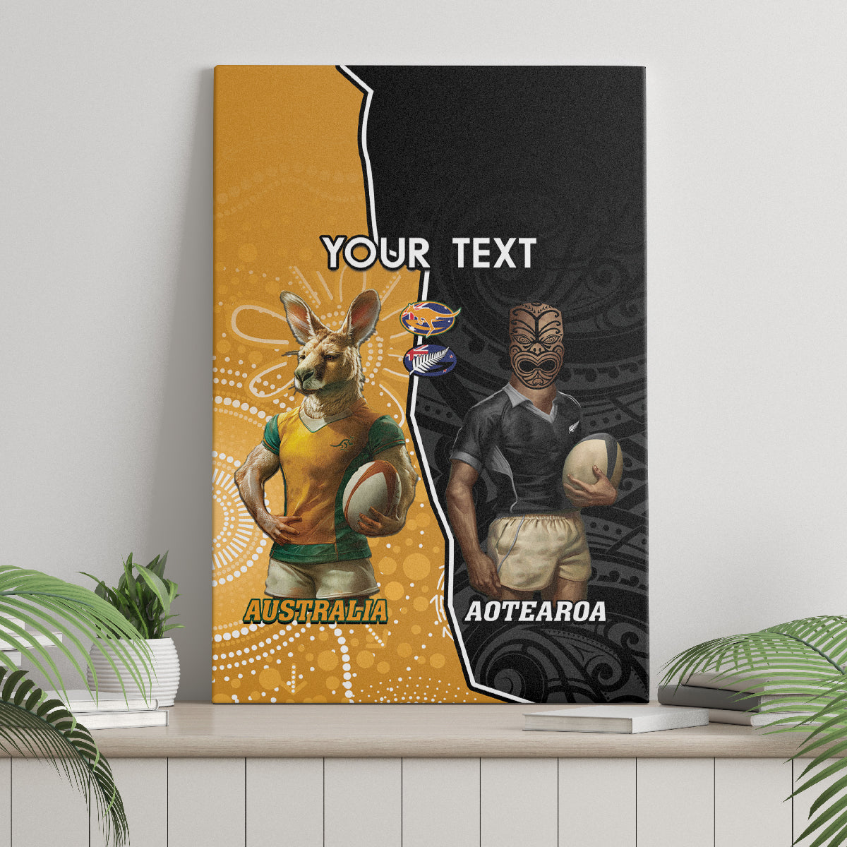 Personalised New Zealand And Australia Rugby Canvas Wall Art 2024 All Black Wallabies Mascots Together LT14 - Polynesian Pride
