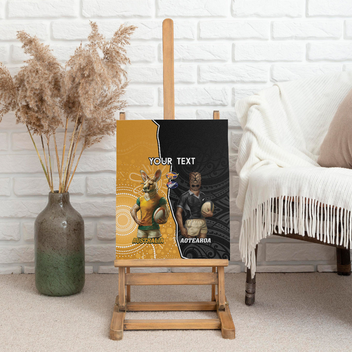 Personalised New Zealand And Australia Rugby Canvas Wall Art 2024 All Black Wallabies Mascots Together LT14 - Polynesian Pride