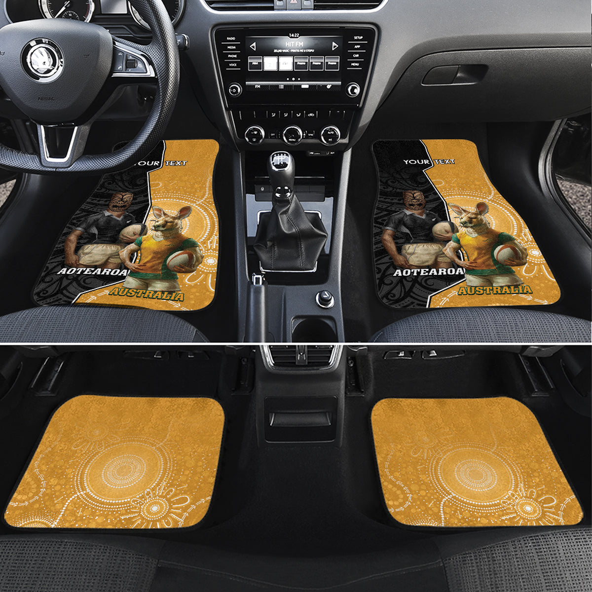 Personalised New Zealand And Australia Rugby Car Mats 2024 All Black Wallabies Mascots Together LT14 Set 4pcs Black - Polynesian Pride