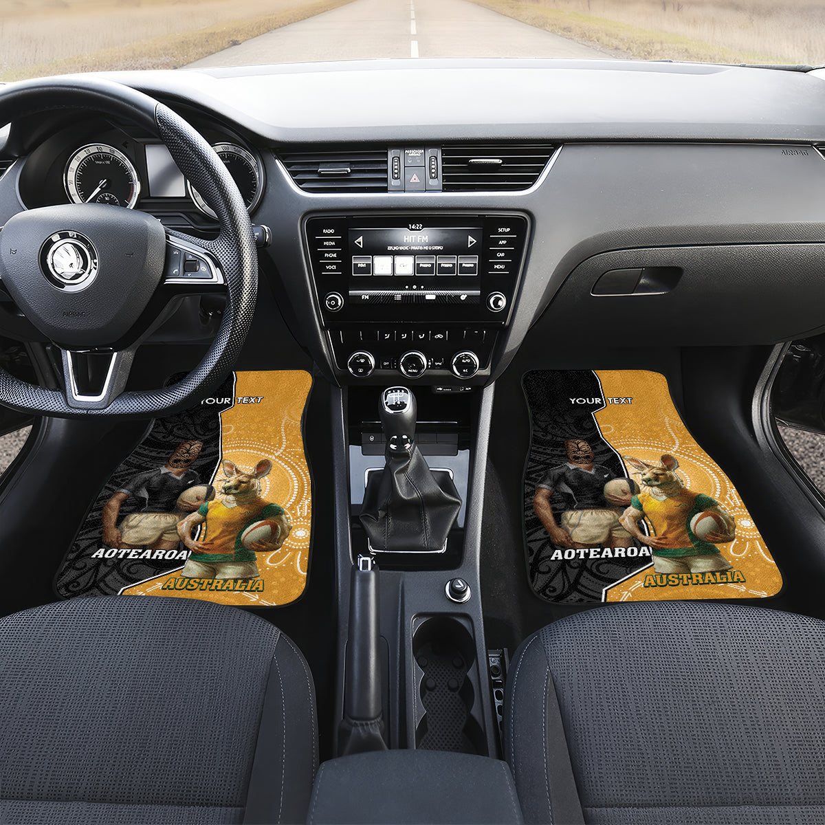 Personalised New Zealand And Australia Rugby Car Mats 2024 All Black Wallabies Mascots Together LT14 Set 2pcs - Front Black - Polynesian Pride