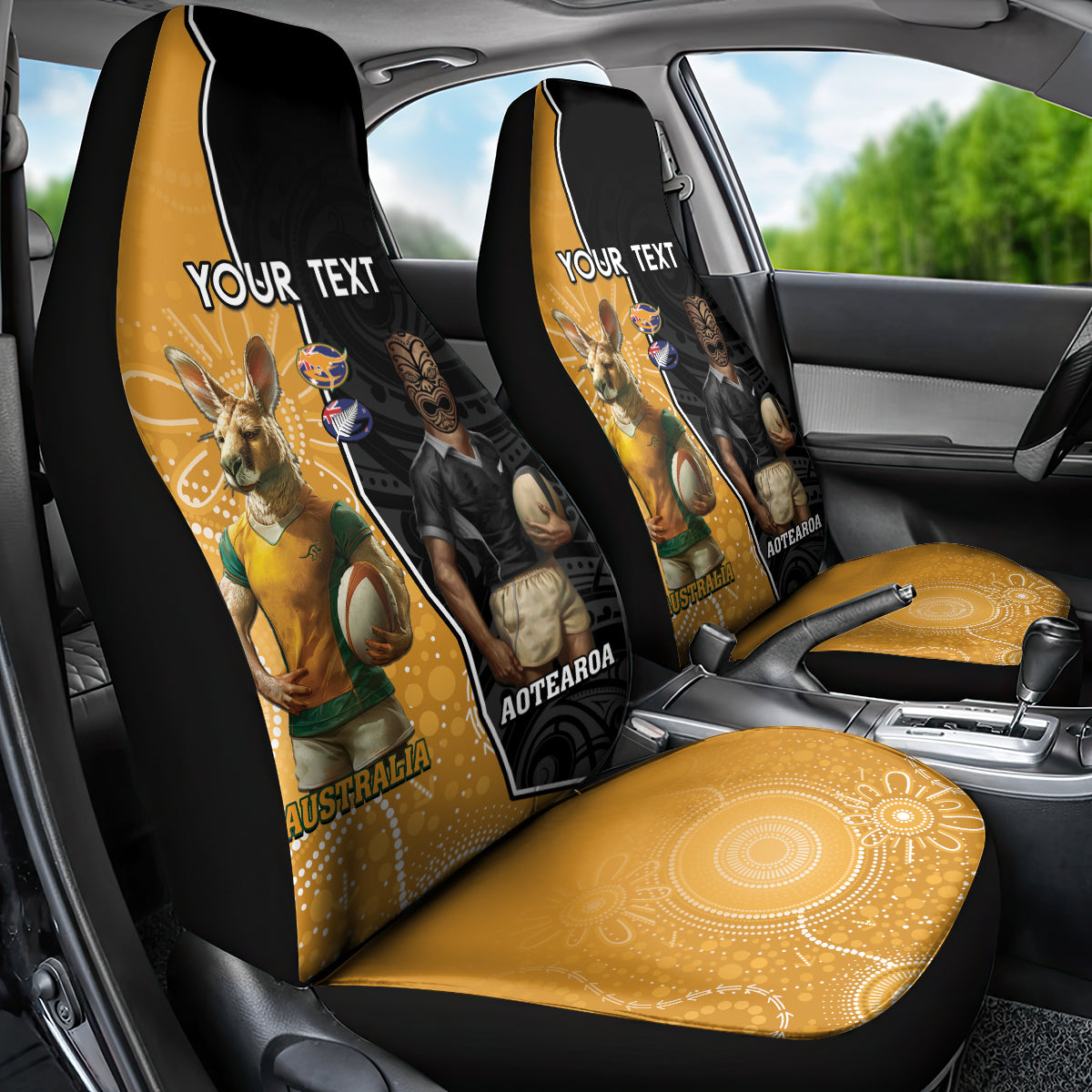 Personalised New Zealand And Australia Rugby Car Seat Cover 2024 All Black Wallabies Mascots Together LT14 - Polynesian Pride