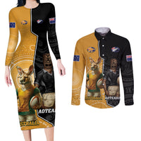 Personalised New Zealand And Australia Rugby Couples Matching Long Sleeve Bodycon Dress and Long Sleeve Button Shirt 2024 All Black Wallabies Mascots Together LT14 Black - Polynesian Pride