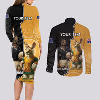 Personalised New Zealand And Australia Rugby Couples Matching Long Sleeve Bodycon Dress and Long Sleeve Button Shirt 2024 All Black Wallabies Mascots Together LT14 - Polynesian Pride