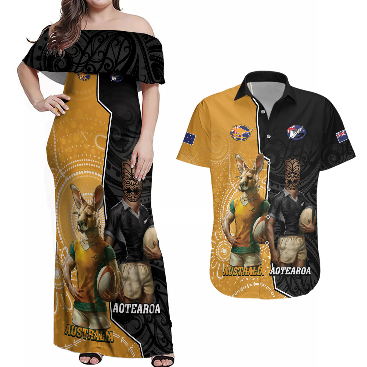 Personalised New Zealand And Australia Rugby Couples Matching Off Shoulder Maxi Dress and Hawaiian Shirt 2024 All Black Wallabies Mascots Together LT14 Black - Polynesian Pride