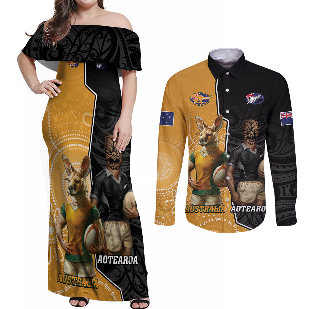 Personalised New Zealand And Australia Rugby Couples Matching Off Shoulder Maxi Dress and Long Sleeve Button Shirt 2024 All Black Wallabies Mascots Together LT14 Black - Polynesian Pride