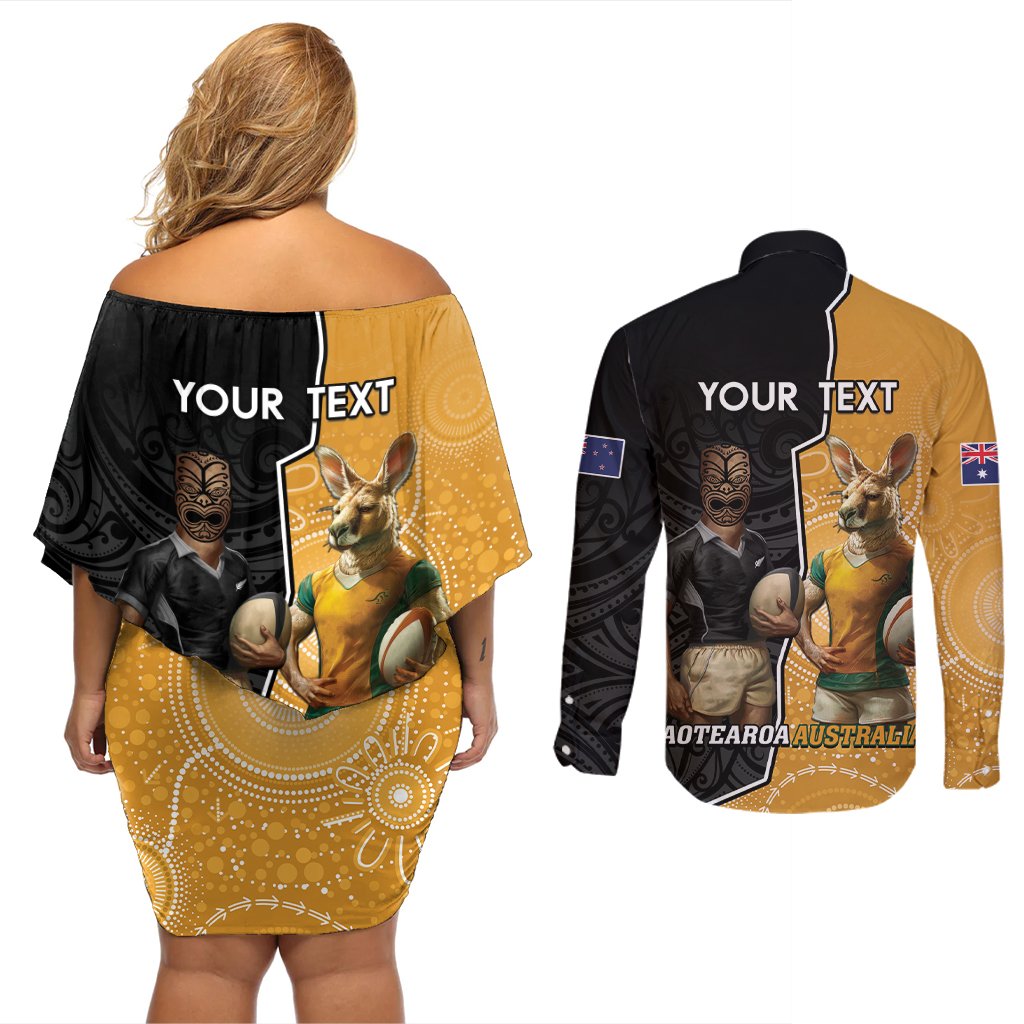 Personalised New Zealand And Australia Rugby Couples Matching Off Shoulder Short Dress and Long Sleeve Button Shirt 2024 All Black Wallabies Mascots Together LT14 - Polynesian Pride