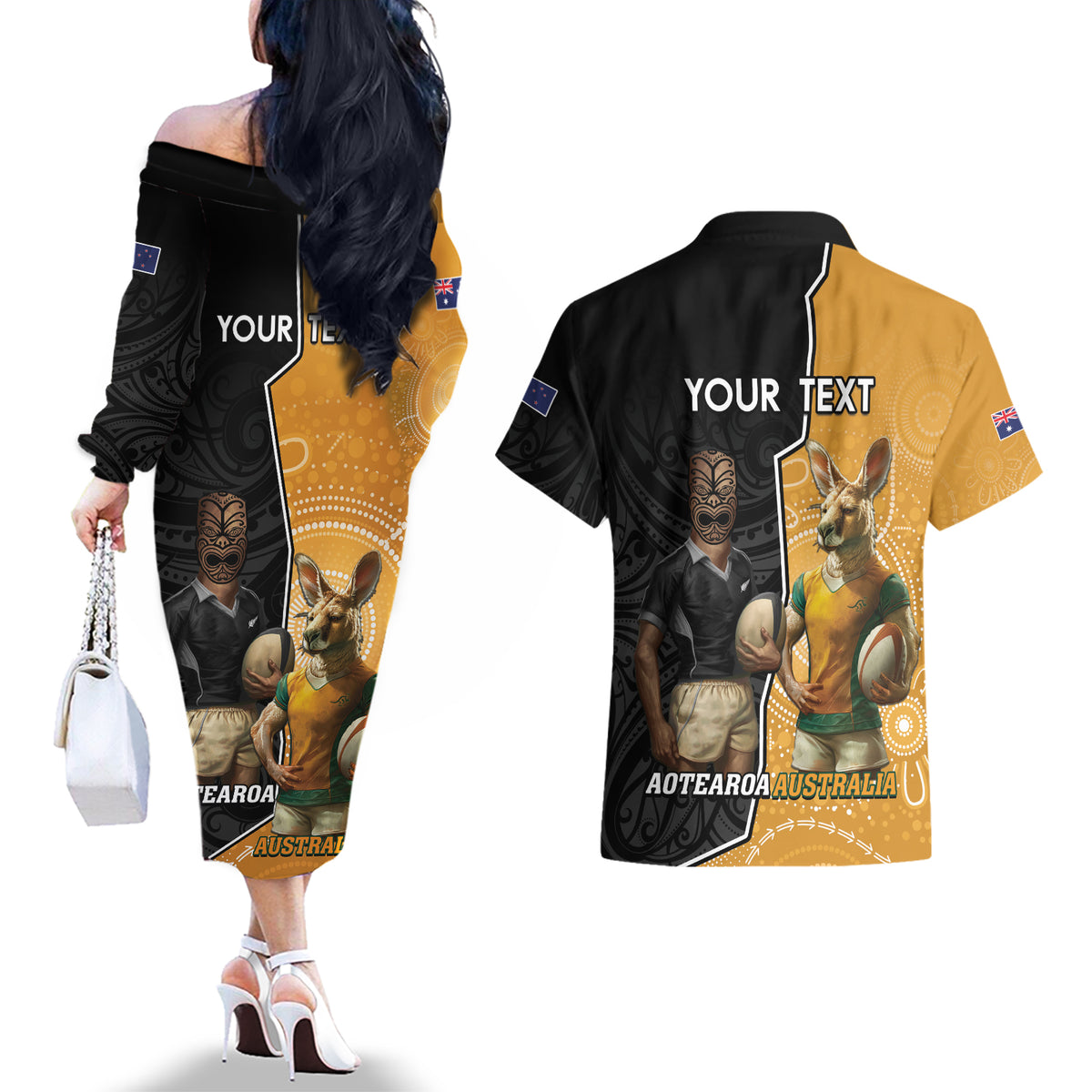 Personalised New Zealand And Australia Rugby Couples Matching Off The Shoulder Long Sleeve Dress and Hawaiian Shirt 2024 All Black Wallabies Mascots Together LT14 - Polynesian Pride