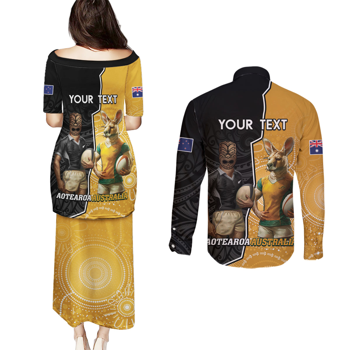 Personalised New Zealand And Australia Rugby Couples Matching Puletasi and Long Sleeve Button Shirt 2024 All Black Wallabies Mascots Together LT14 - Polynesian Pride