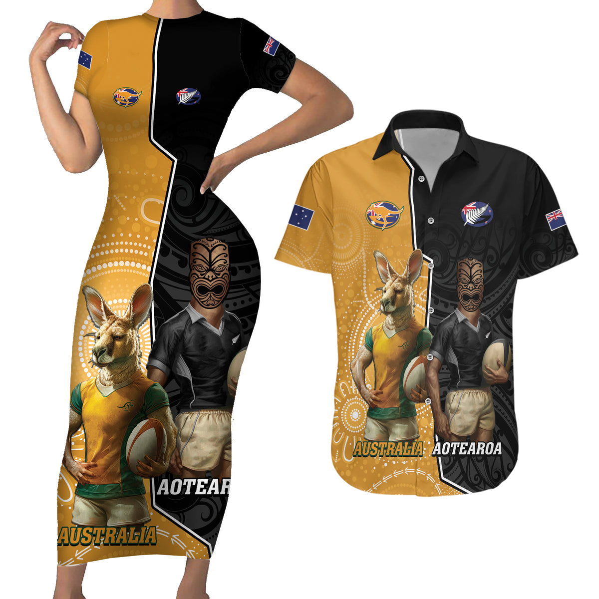 Personalised New Zealand And Australia Rugby Couples Matching Short Sleeve Bodycon Dress and Hawaiian Shirt 2024 All Black Wallabies Mascots Together LT14 Black - Polynesian Pride