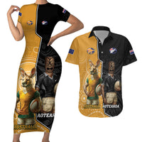 Personalised New Zealand And Australia Rugby Couples Matching Short Sleeve Bodycon Dress and Hawaiian Shirt 2024 All Black Wallabies Mascots Together LT14 Black - Polynesian Pride