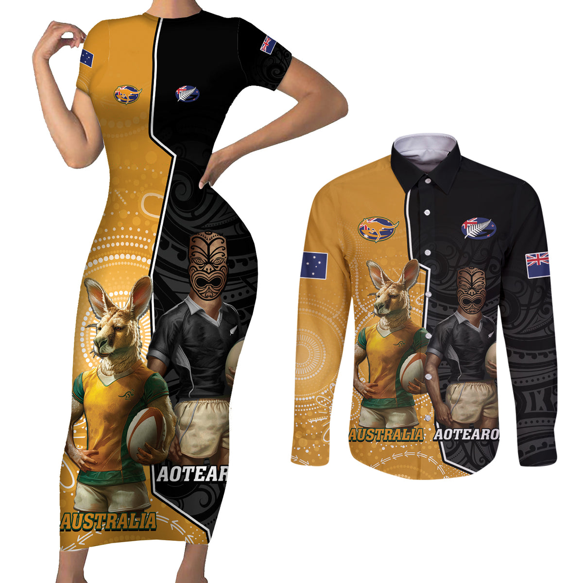 Personalised New Zealand And Australia Rugby Couples Matching Short Sleeve Bodycon Dress and Long Sleeve Button Shirt 2024 All Black Wallabies Mascots Together LT14 Black - Polynesian Pride