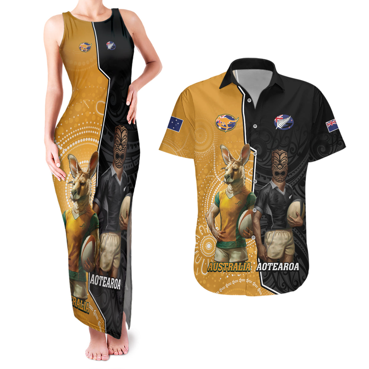 Personalised New Zealand And Australia Rugby Couples Matching Tank Maxi Dress and Hawaiian Shirt 2024 All Black Wallabies Mascots Together LT14 Black - Polynesian Pride