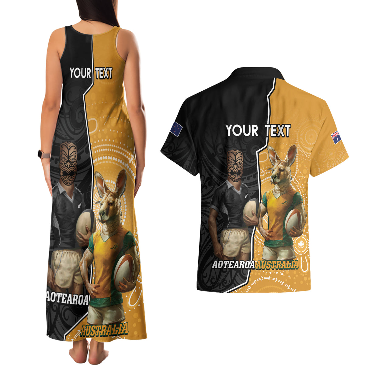 Personalised New Zealand And Australia Rugby Couples Matching Tank Maxi Dress and Hawaiian Shirt 2024 All Black Wallabies Mascots Together LT14 - Polynesian Pride