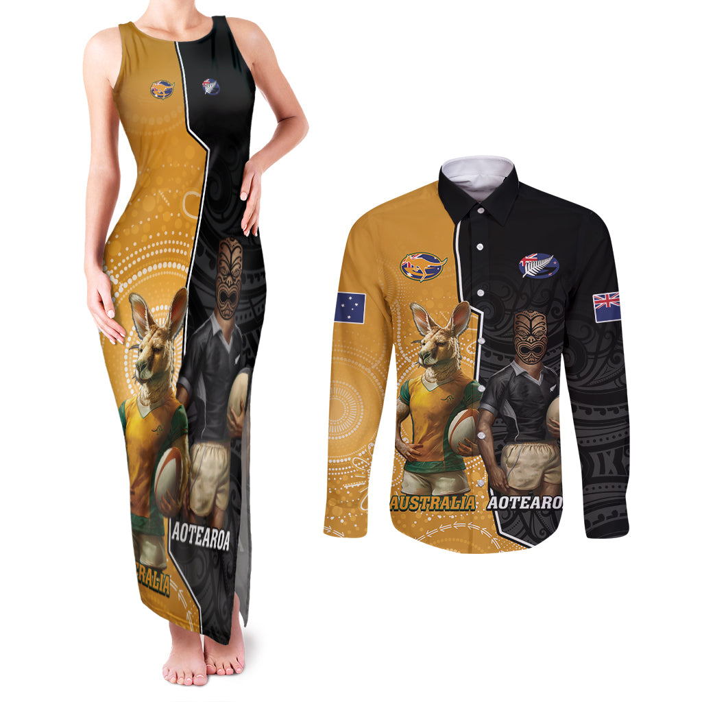 Personalised New Zealand And Australia Rugby Couples Matching Tank Maxi Dress and Long Sleeve Button Shirt 2024 All Black Wallabies Mascots Together LT14 Black - Polynesian Pride