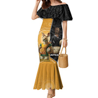 Personalised New Zealand And Australia Rugby Family Matching Mermaid Dress and Hawaiian Shirt 2024 All Black Wallabies Mascots Together LT14 Mom's Dress Black - Polynesian Pride