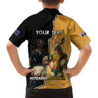 Personalised New Zealand And Australia Rugby Family Matching Off The Shoulder Long Sleeve Dress and Hawaiian Shirt 2024 All Black Wallabies Mascots Together LT14 - Polynesian Pride