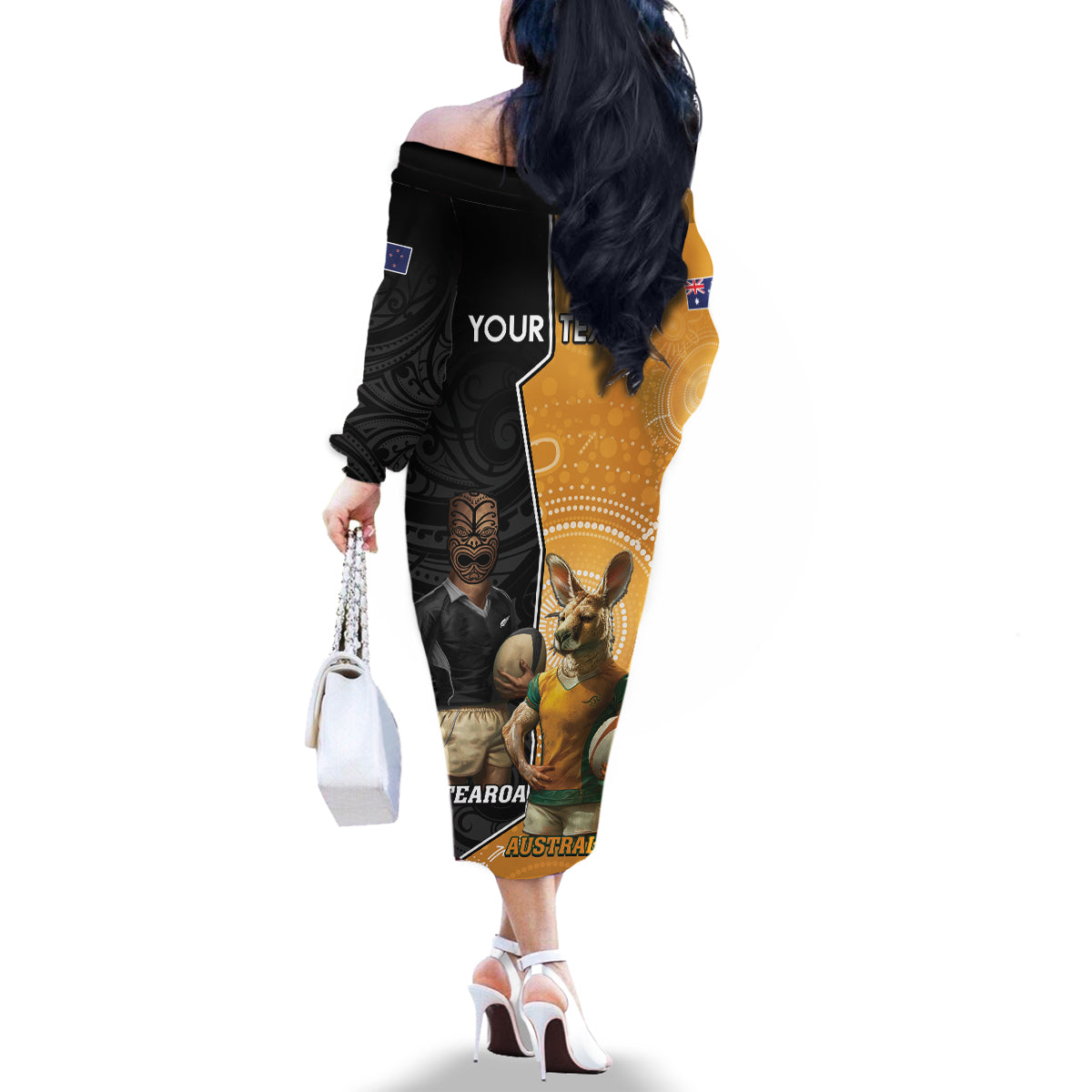 Personalised New Zealand And Australia Rugby Family Matching Off The Shoulder Long Sleeve Dress and Hawaiian Shirt 2024 All Black Wallabies Mascots Together LT14 - Polynesian Pride