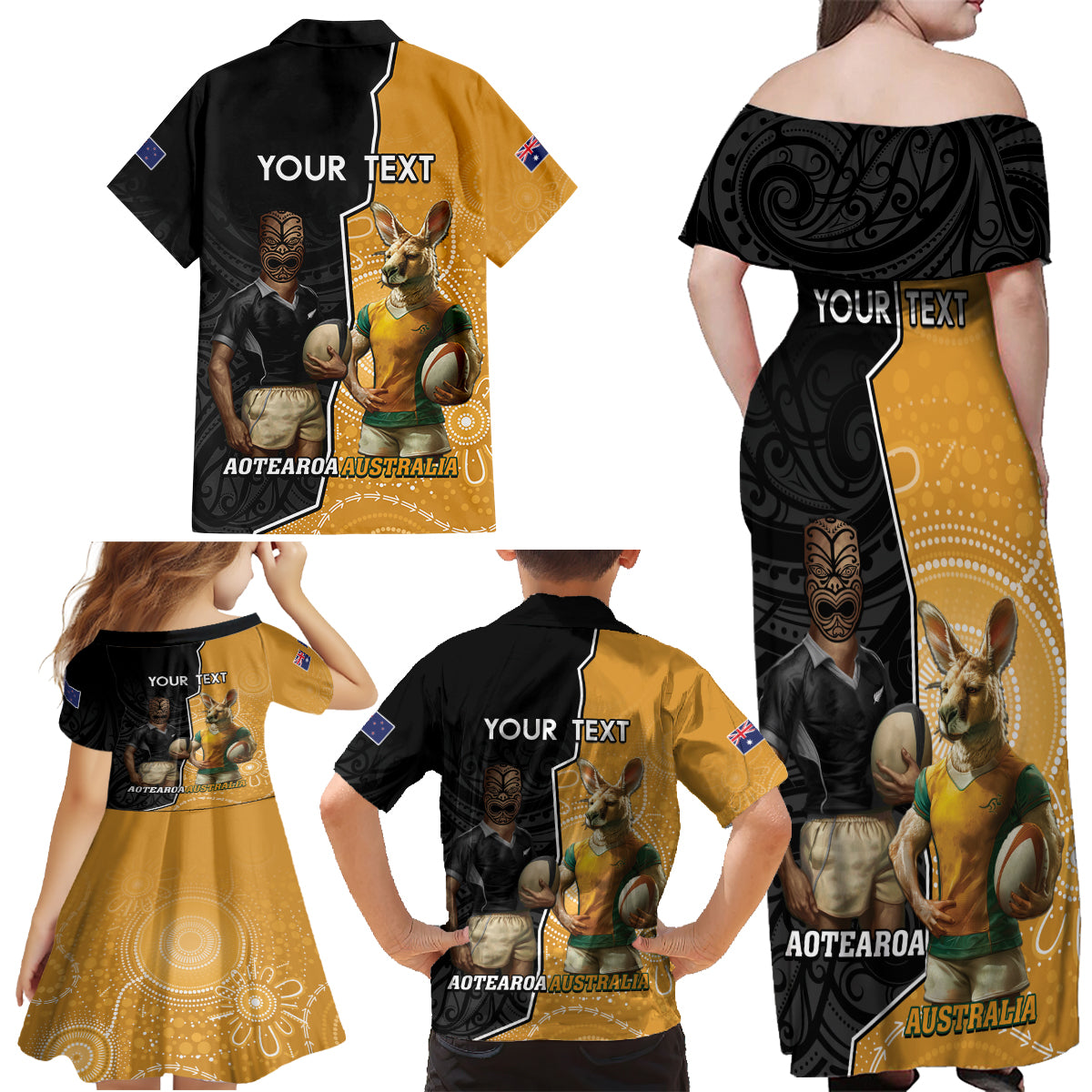 Personalised New Zealand And Australia Rugby Family Matching Off Shoulder Maxi Dress and Hawaiian Shirt 2024 All Black Wallabies Mascots Together LT14 - Polynesian Pride