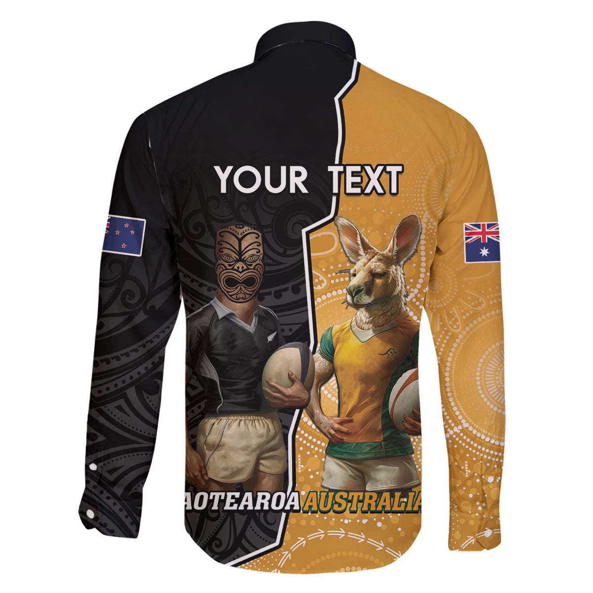 Personalised New Zealand And Australia Rugby Family Matching Off Shoulder Maxi Dress and Hawaiian Shirt 2024 All Black Wallabies Mascots Together LT14 - Polynesian Pride