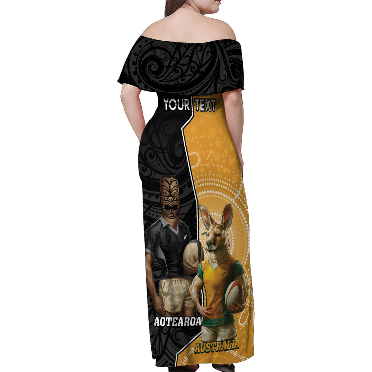 Personalised New Zealand And Australia Rugby Family Matching Off Shoulder Maxi Dress and Hawaiian Shirt 2024 All Black Wallabies Mascots Together LT14 - Polynesian Pride