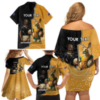 Personalised New Zealand And Australia Rugby Family Matching Off Shoulder Short Dress and Hawaiian Shirt 2024 All Black Wallabies Mascots Together LT14 - Polynesian Pride