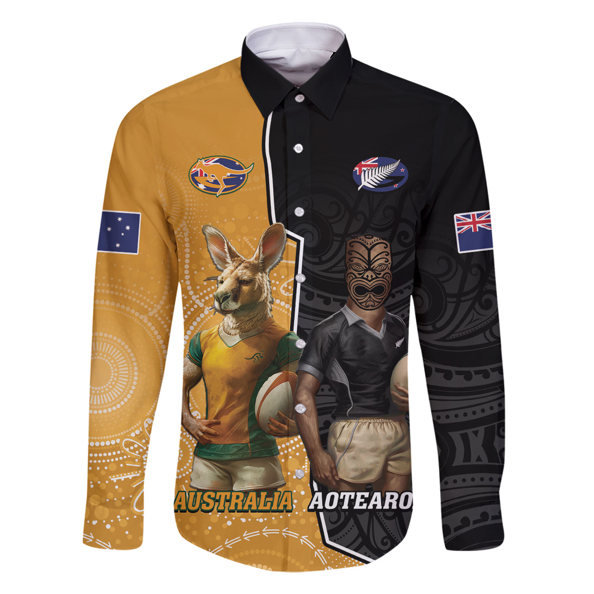 Personalised New Zealand And Australia Rugby Family Matching Off Shoulder Short Dress and Hawaiian Shirt 2024 All Black Wallabies Mascots Together LT14 Dad's Shirt - Long Sleeve Black - Polynesian Pride