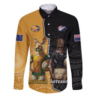 Personalised New Zealand And Australia Rugby Family Matching Off Shoulder Short Dress and Hawaiian Shirt 2024 All Black Wallabies Mascots Together LT14 Dad's Shirt - Long Sleeve Black - Polynesian Pride