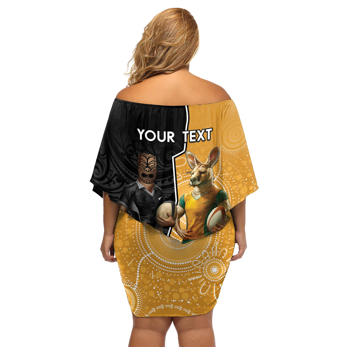 Personalised New Zealand And Australia Rugby Family Matching Off Shoulder Short Dress and Hawaiian Shirt 2024 All Black Wallabies Mascots Together LT14 - Polynesian Pride