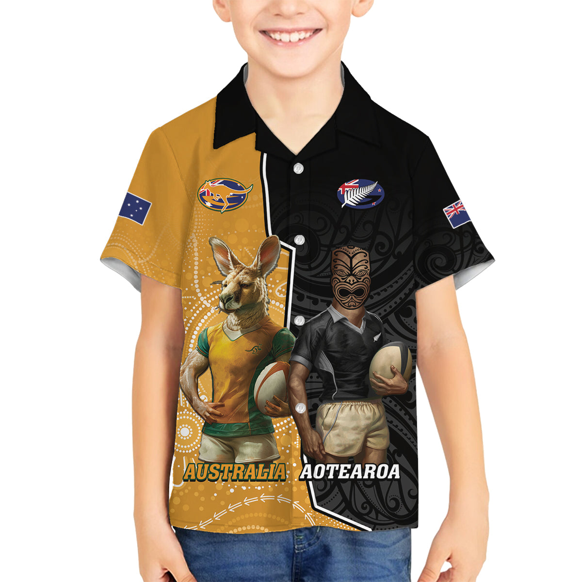 Personalised New Zealand And Australia Rugby Family Matching Off Shoulder Short Dress and Hawaiian Shirt 2024 All Black Wallabies Mascots Together LT14 Son's Shirt Black - Polynesian Pride