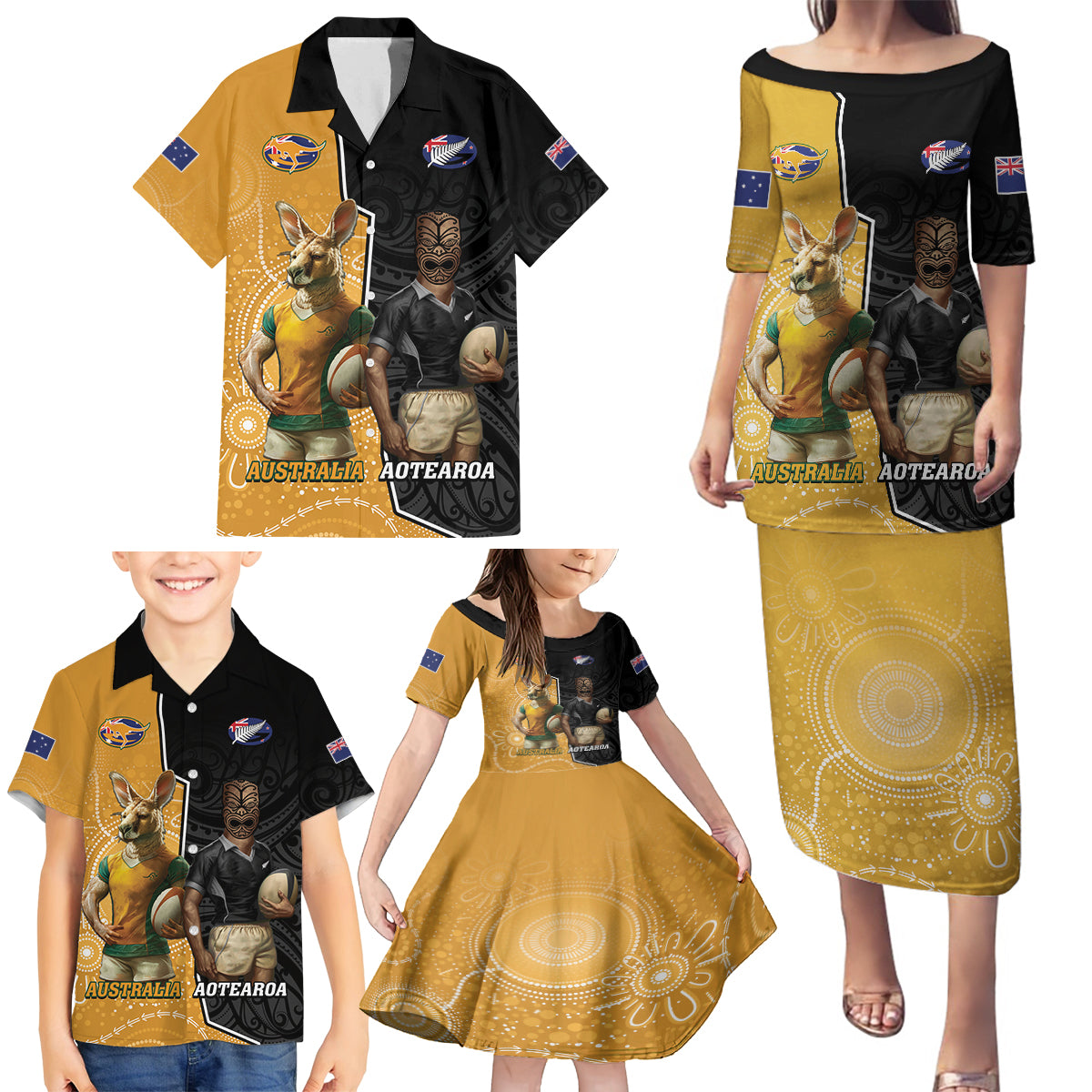 Personalised New Zealand And Australia Rugby Family Matching Puletasi and Hawaiian Shirt 2024 All Black Wallabies Mascots Together LT14 - Polynesian Pride