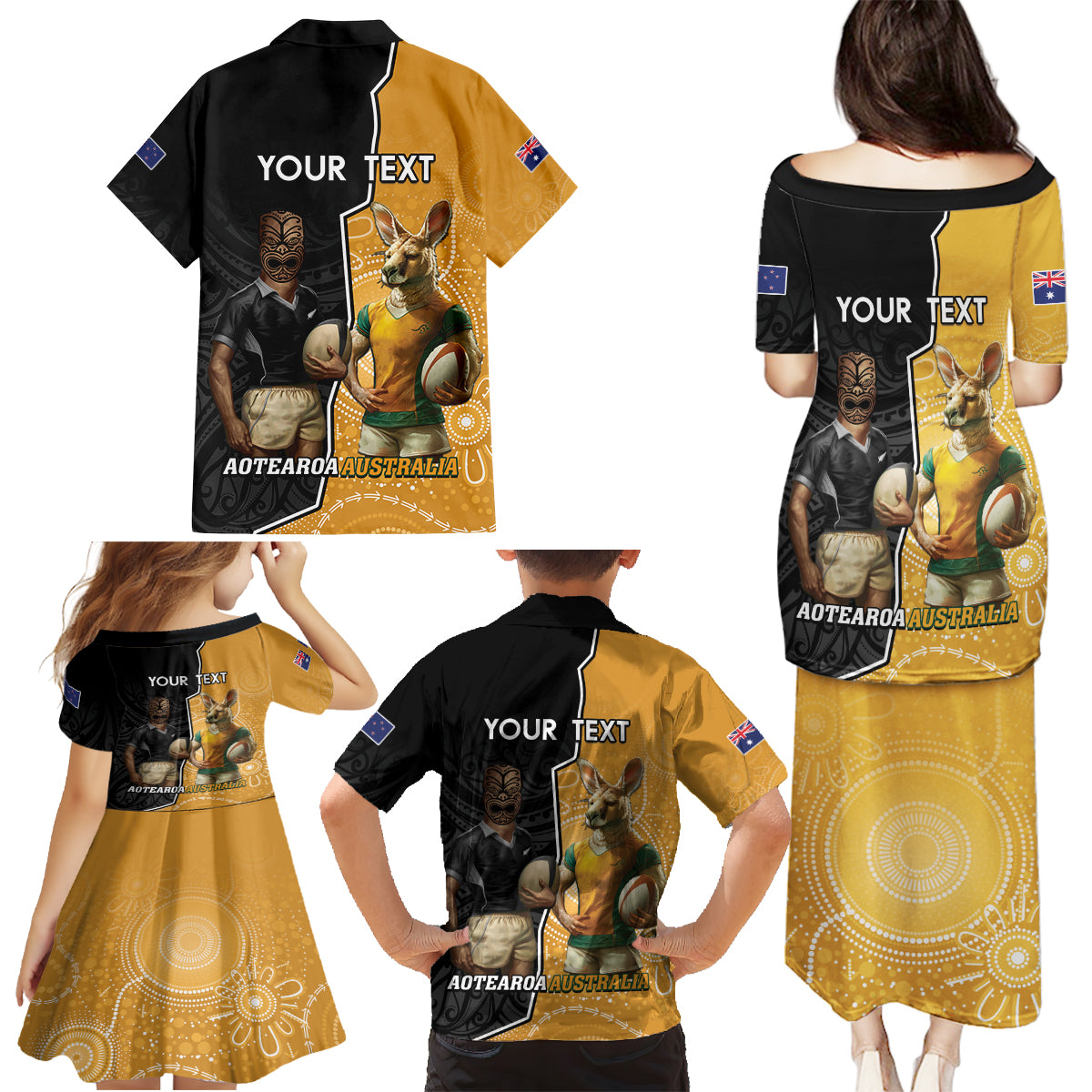 Personalised New Zealand And Australia Rugby Family Matching Puletasi and Hawaiian Shirt 2024 All Black Wallabies Mascots Together LT14 - Polynesian Pride