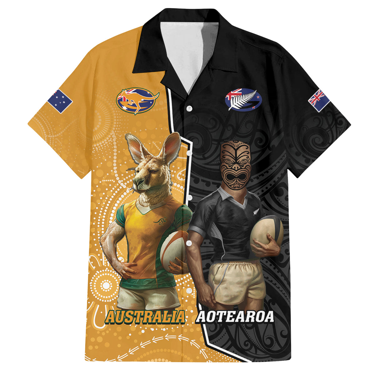 Personalised New Zealand And Australia Rugby Family Matching Summer Maxi Dress and Hawaiian Shirt 2024 All Black Wallabies Mascots Together LT14 Dad's Shirt - Short Sleeve Black - Polynesian Pride
