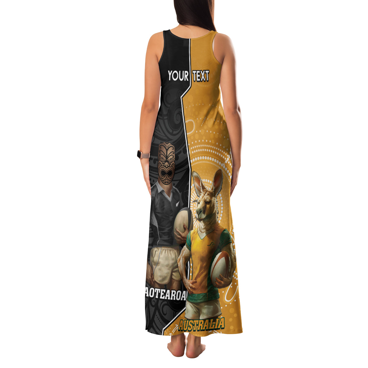 Personalised New Zealand And Australia Rugby Family Matching Tank Maxi Dress and Hawaiian Shirt 2024 All Black Wallabies Mascots Together LT14 - Polynesian Pride