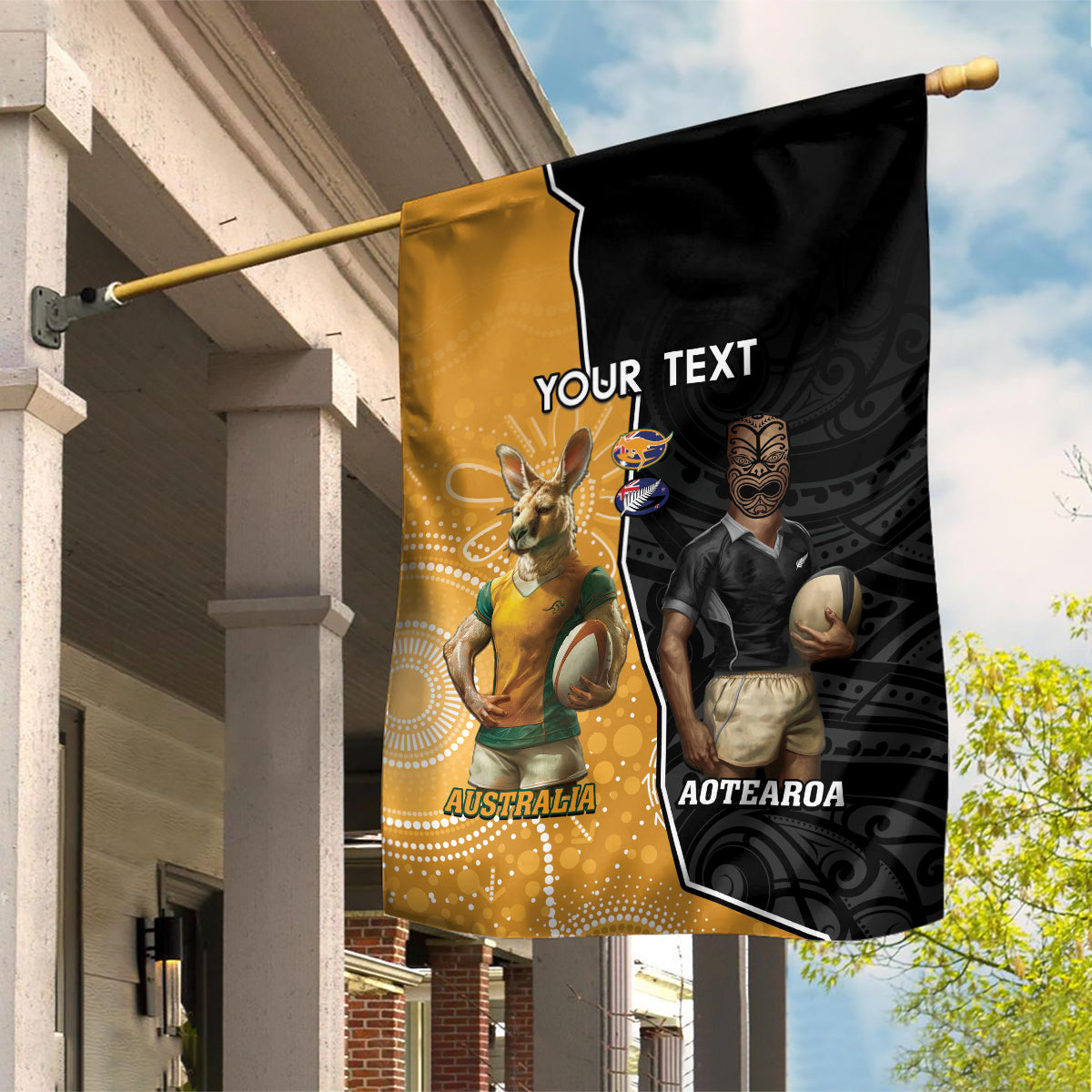 Personalised New Zealand And Australia Rugby Garden Flag 2024 All Black Wallabies Mascots Together LT14 House Flag Black - Polynesian Pride