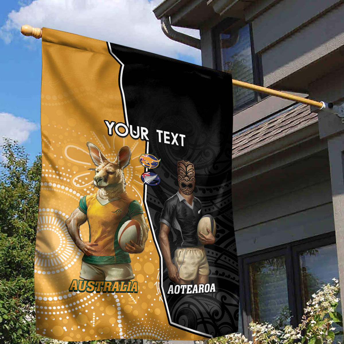 Personalised New Zealand And Australia Rugby Garden Flag 2024 All Black Wallabies Mascots Together LT14 - Polynesian Pride