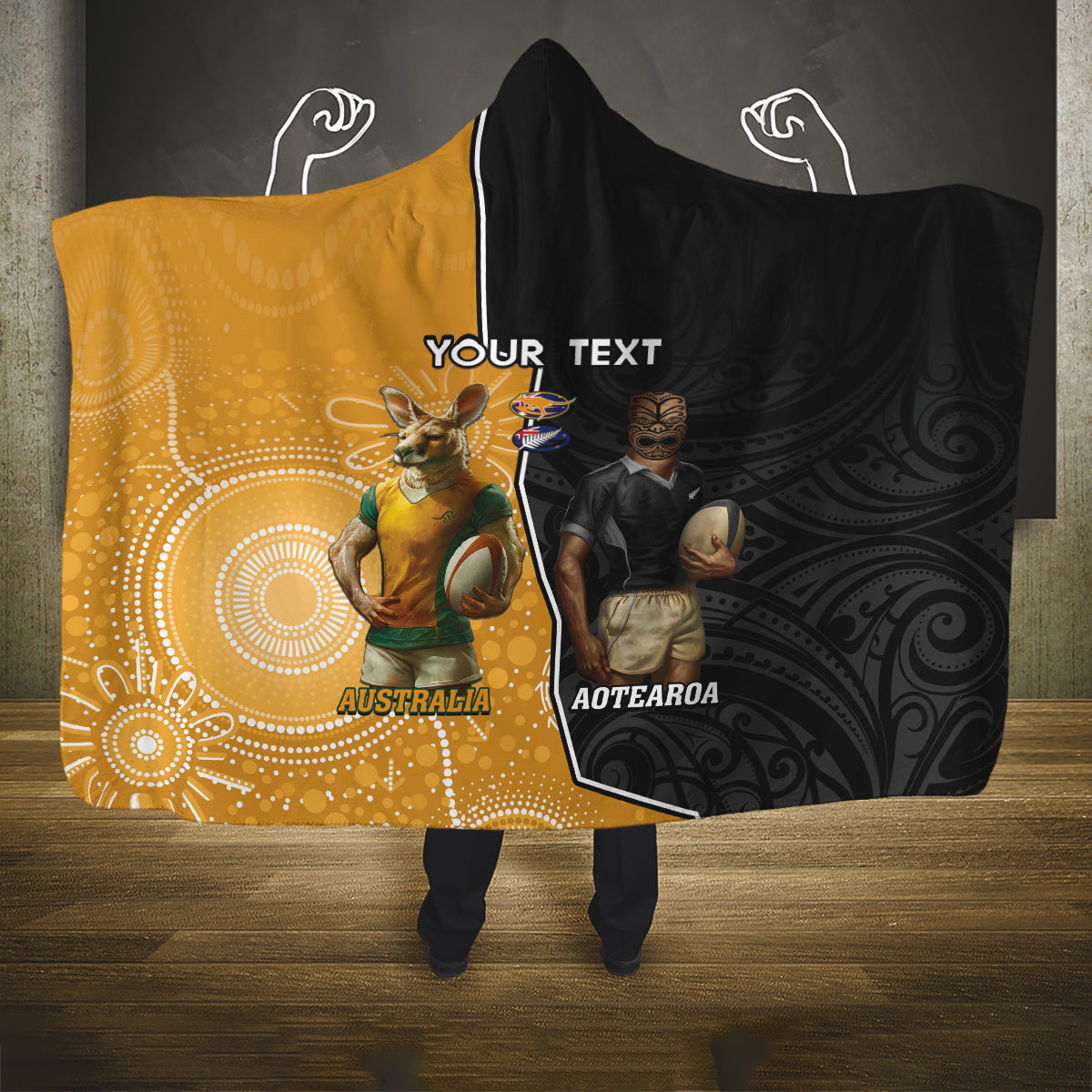 Personalised New Zealand And Australia Rugby Hooded Blanket 2024 All Black Wallabies Mascots Together LT14 One Size Black - Polynesian Pride