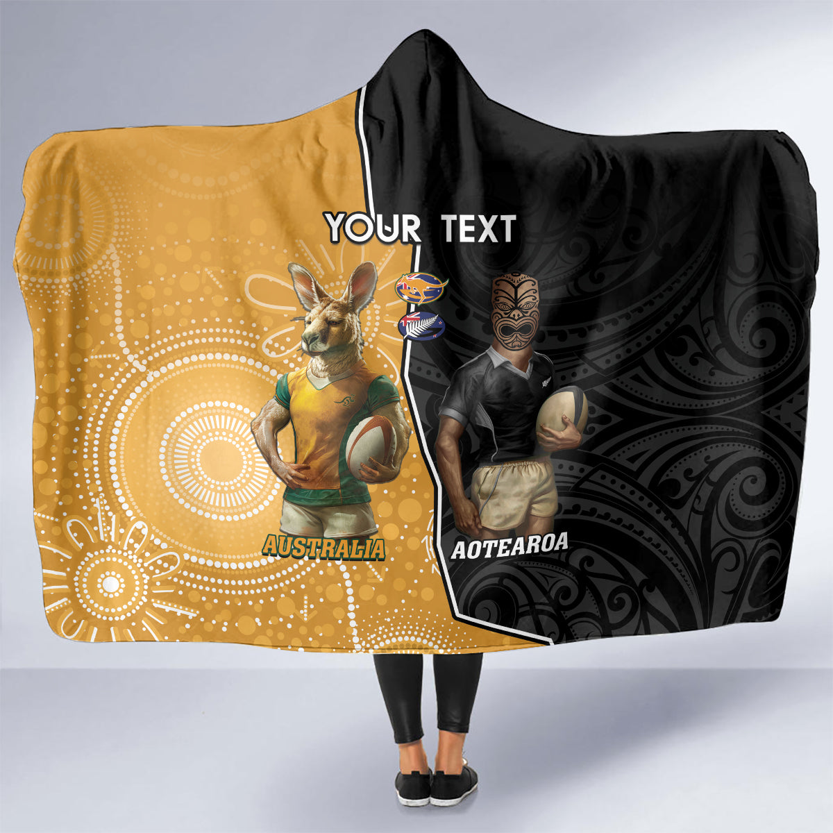 Personalised New Zealand And Australia Rugby Hooded Blanket 2024 All Black Wallabies Mascots Together LT14 - Polynesian Pride