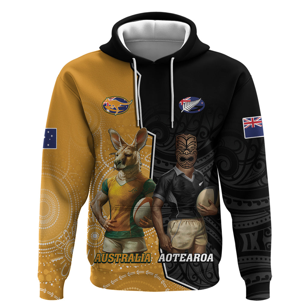 Personalised New Zealand And Australia Rugby Hoodie 2024 All Black Wallabies Mascots Together LT14 Pullover Hoodie Black - Polynesian Pride