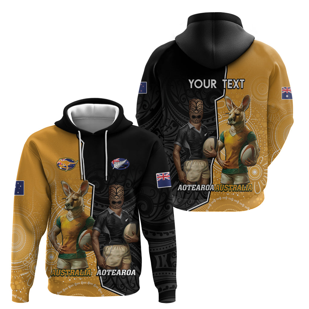 Personalised New Zealand And Australia Rugby Hoodie 2024 All Black Wallabies Mascots Together LT14 - Polynesian Pride