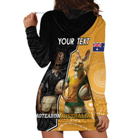 Personalised New Zealand And Australia Rugby Hoodie Dress 2024 All Black Wallabies Mascots Together LT14 - Polynesian Pride