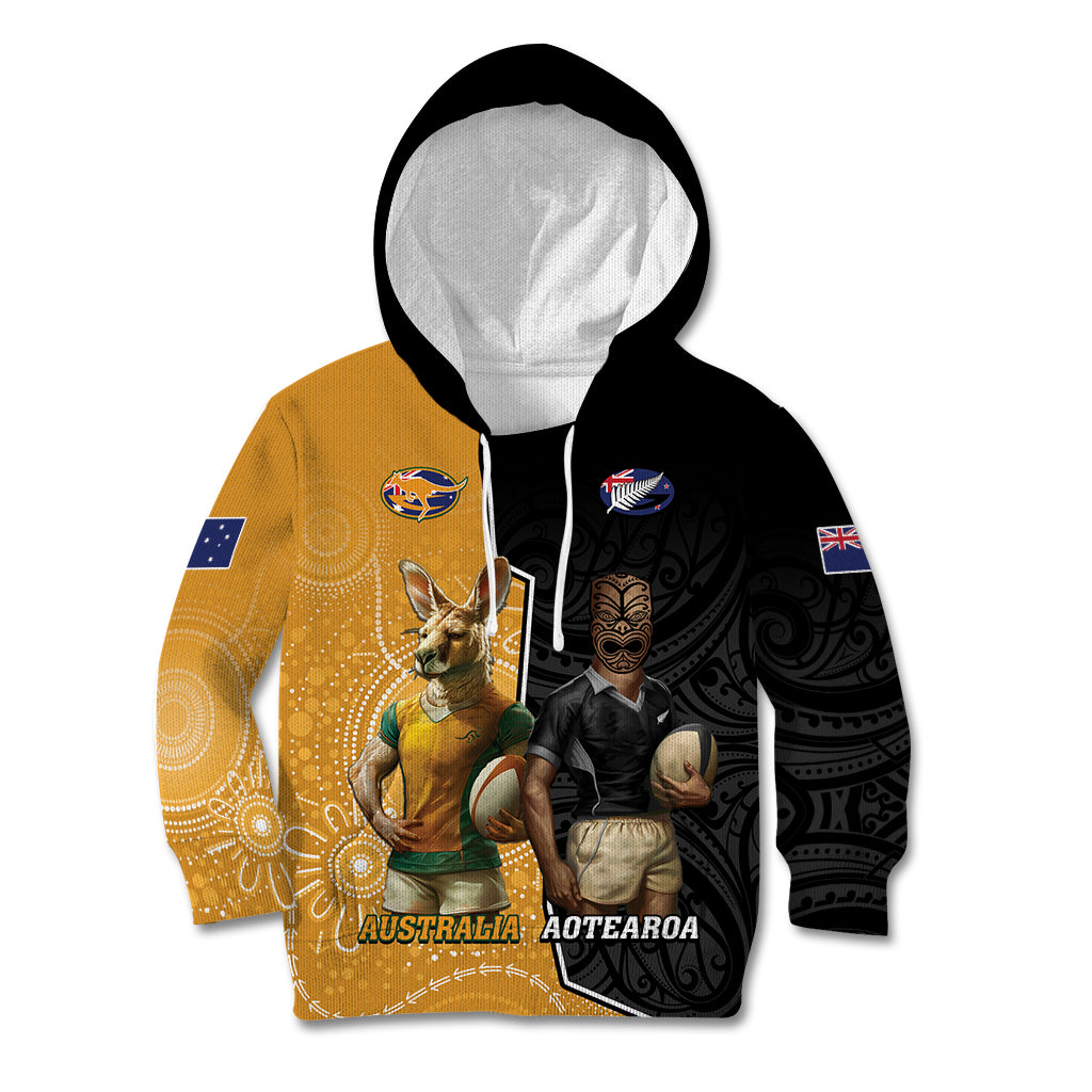 Personalised New Zealand And Australia Rugby Kid Hoodie 2024 All Black Wallabies Mascots Together LT14 Hoodie Black - Polynesian Pride