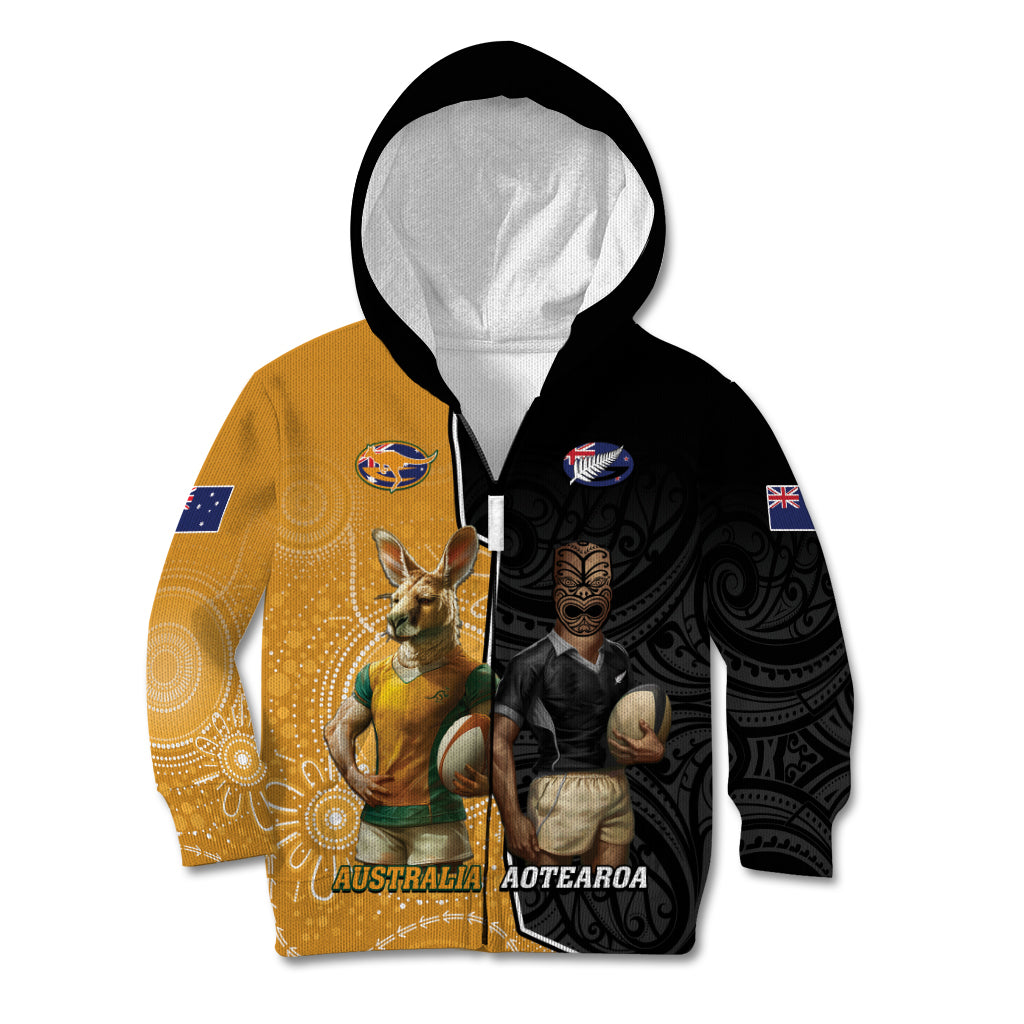 Personalised New Zealand And Australia Rugby Kid Hoodie 2024 All Black Wallabies Mascots Together LT14 Zip Hoodie Black - Polynesian Pride