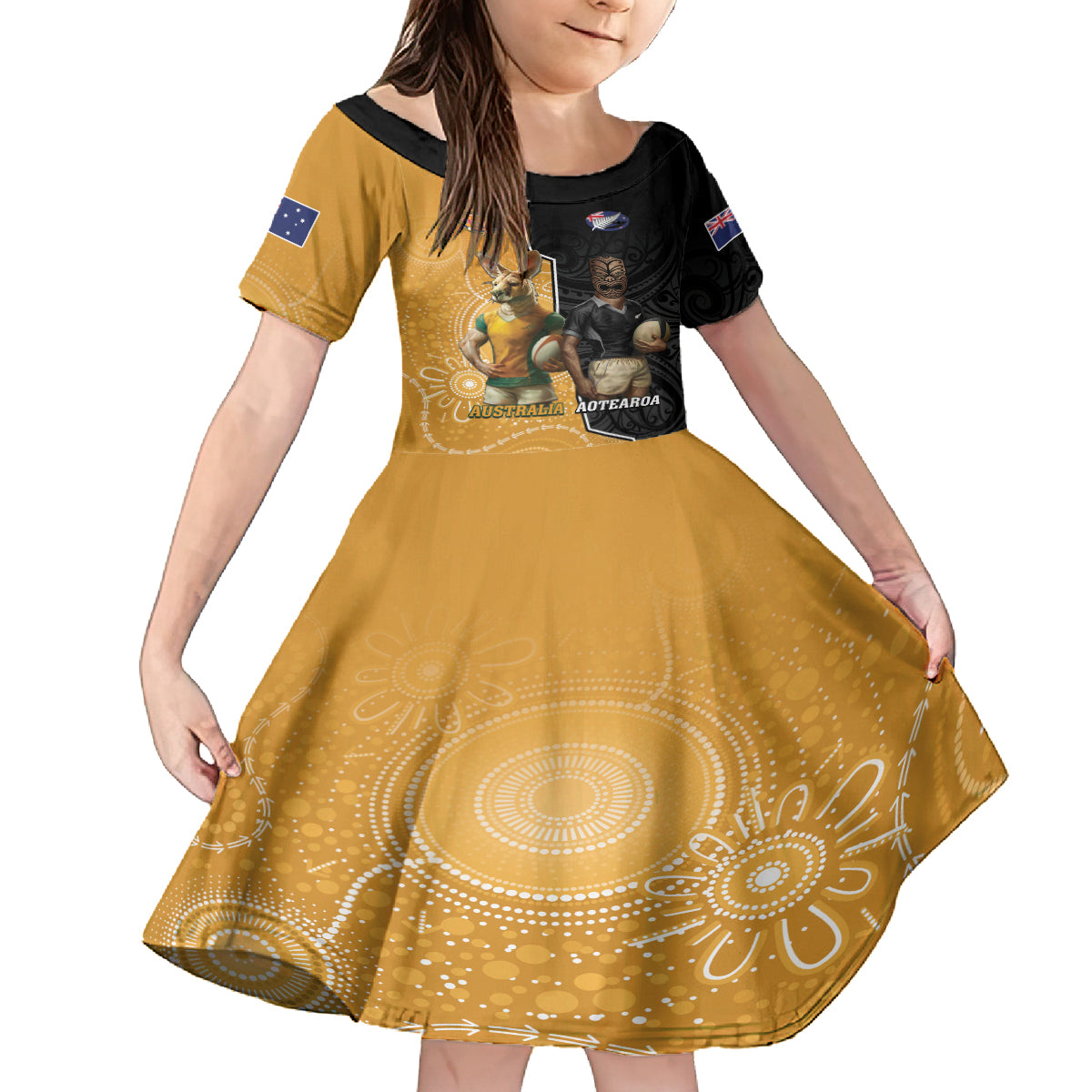 Personalised New Zealand And Australia Rugby Kid Short Sleeve Dress 2024 All Black Wallabies Mascots Together LT14 KID Black - Polynesian Pride