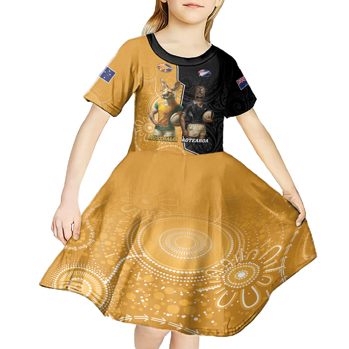 Personalised New Zealand And Australia Rugby Kid Short Sleeve Dress 2024 All Black Wallabies Mascots Together LT14 - Polynesian Pride