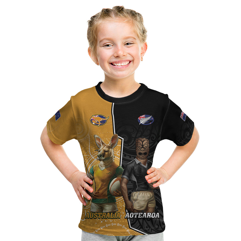 Personalised New Zealand And Australia Rugby Kid T Shirt 2024 All Black Wallabies Mascots Together LT14 Black - Polynesian Pride